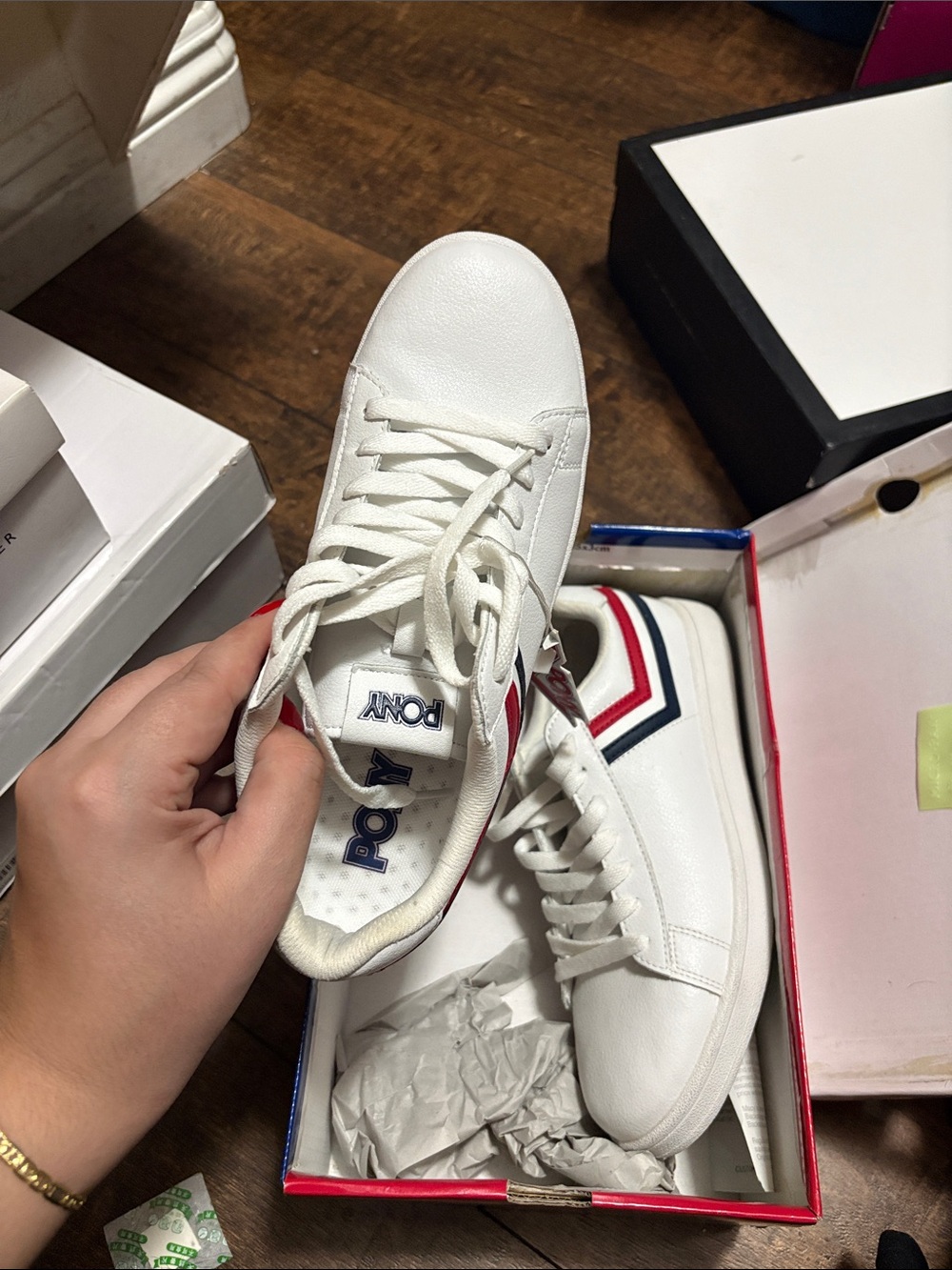 Pony White Low-Top Sneakers with Red & Navy Chevron